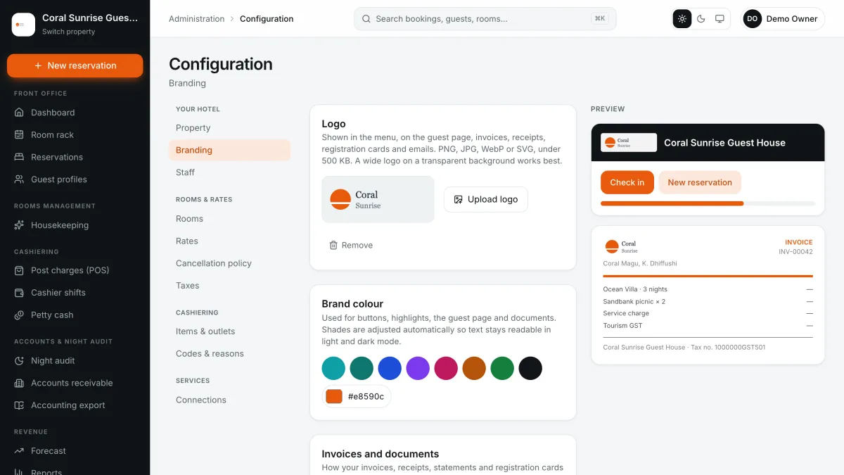 Branding settings with a preview of the guest page, next to the guest's online check-in on a phone