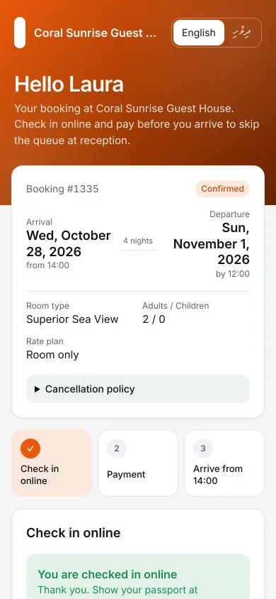 Branding settings with a preview of the guest page, next to the guest's online check-in on a phone on a phone