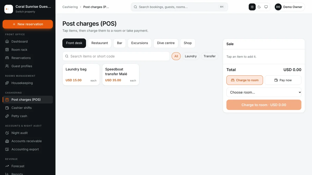 Point of sale screen with outlets, items and a sale